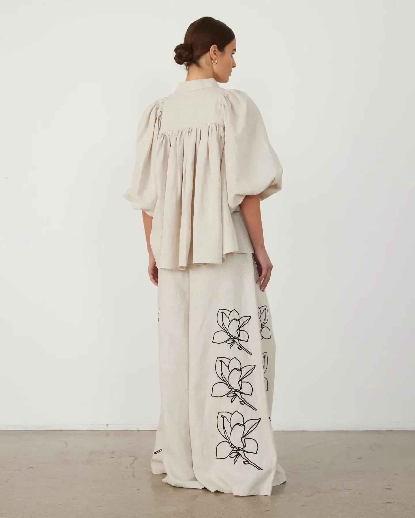 Summer Cotton Linen Womens Set Printed Wrist Sleeve Top Lace Wide Leg Pants Sexy Casual Fashion Wear 241008
