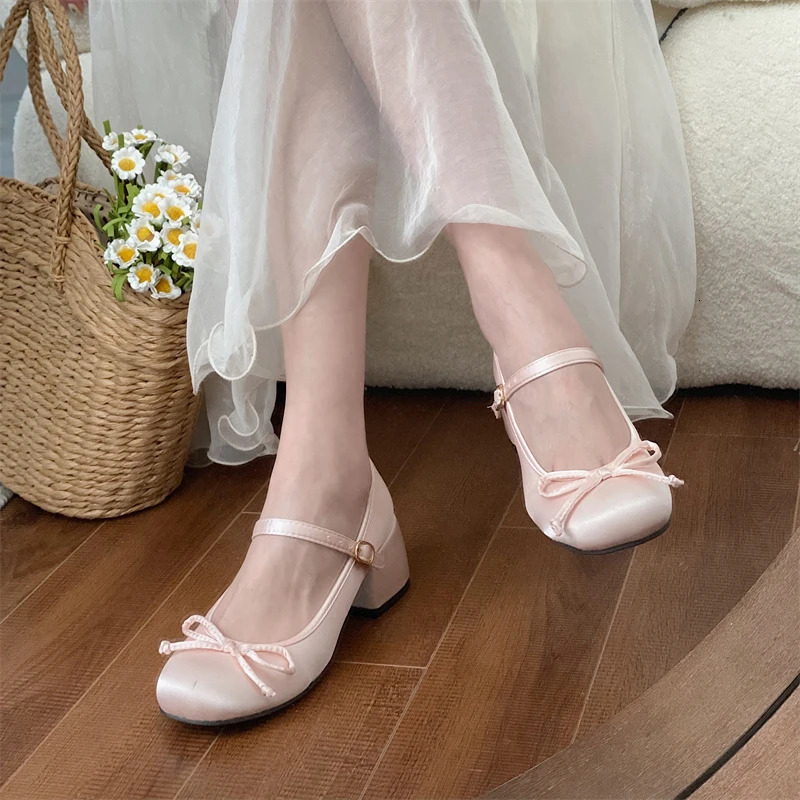 Spring Autumn Thick Heel Pink Shoes Elegant Bow Lolita Shoes College High Heels Fashion Womens Sandals 241007
