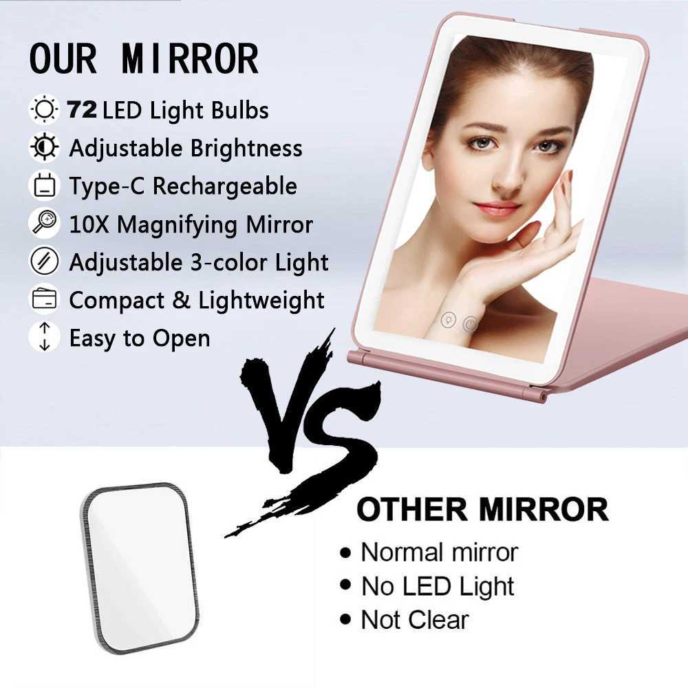 New makeup mirror with 10X magnifying glass 72 LED light makeup mirror 3-color light travel mirror compact makeup folding mirror W240813