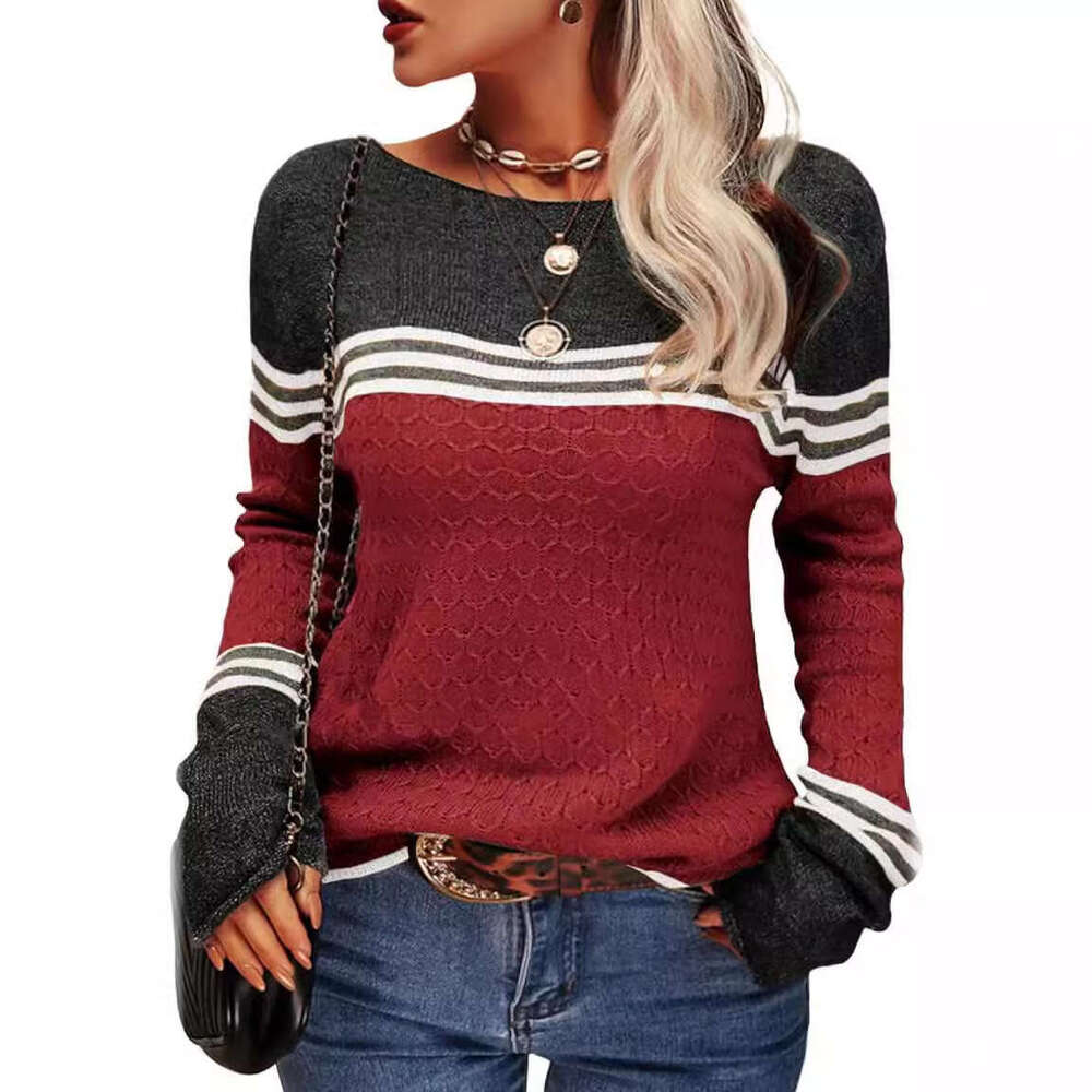 2024 autumn and winter new fashionable crochet long sleeved top with striped color blocking round neck knitted sweater for women