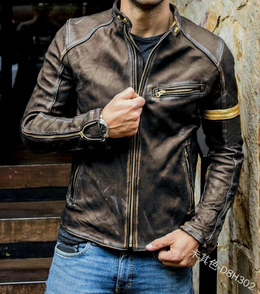 Autumn/Winter Mens Leather Jacket Fashion Mens Youth Stand up Collar Mens Motorcycle Leather Jacket 241009