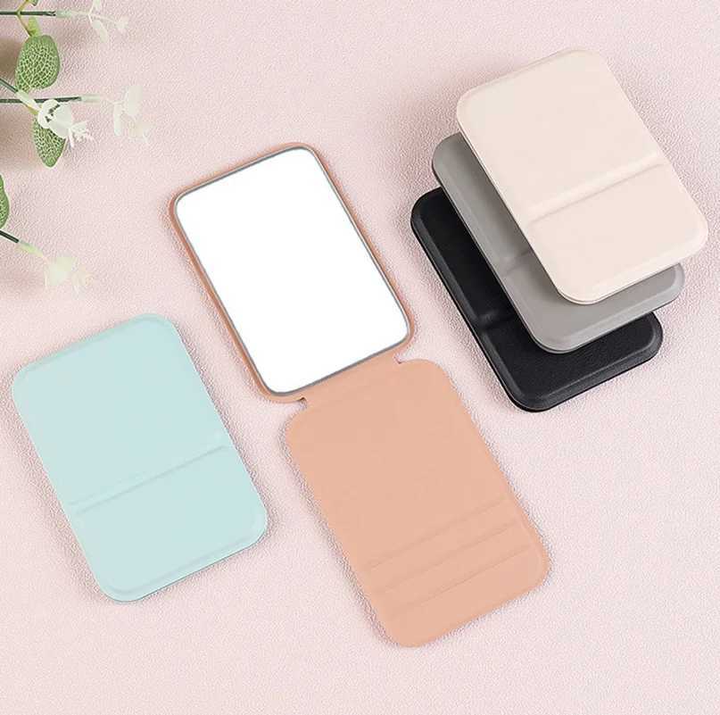 Solid color desktop makeup mirror Pu leather simple portable handheld makeup mirror foldable student compact pocket mirror W240813
