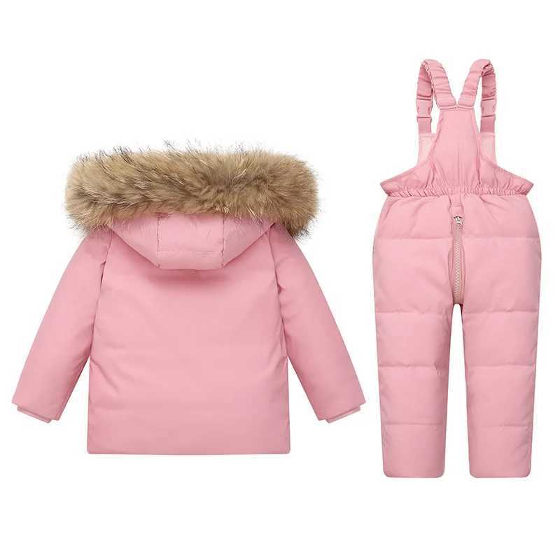 Down Coat Winter Warm 90% White duck down Jacket Toddler Girl clothes Overalls Baby Boy Coat parka real fur Children Clothing Set 2pcs H241010
