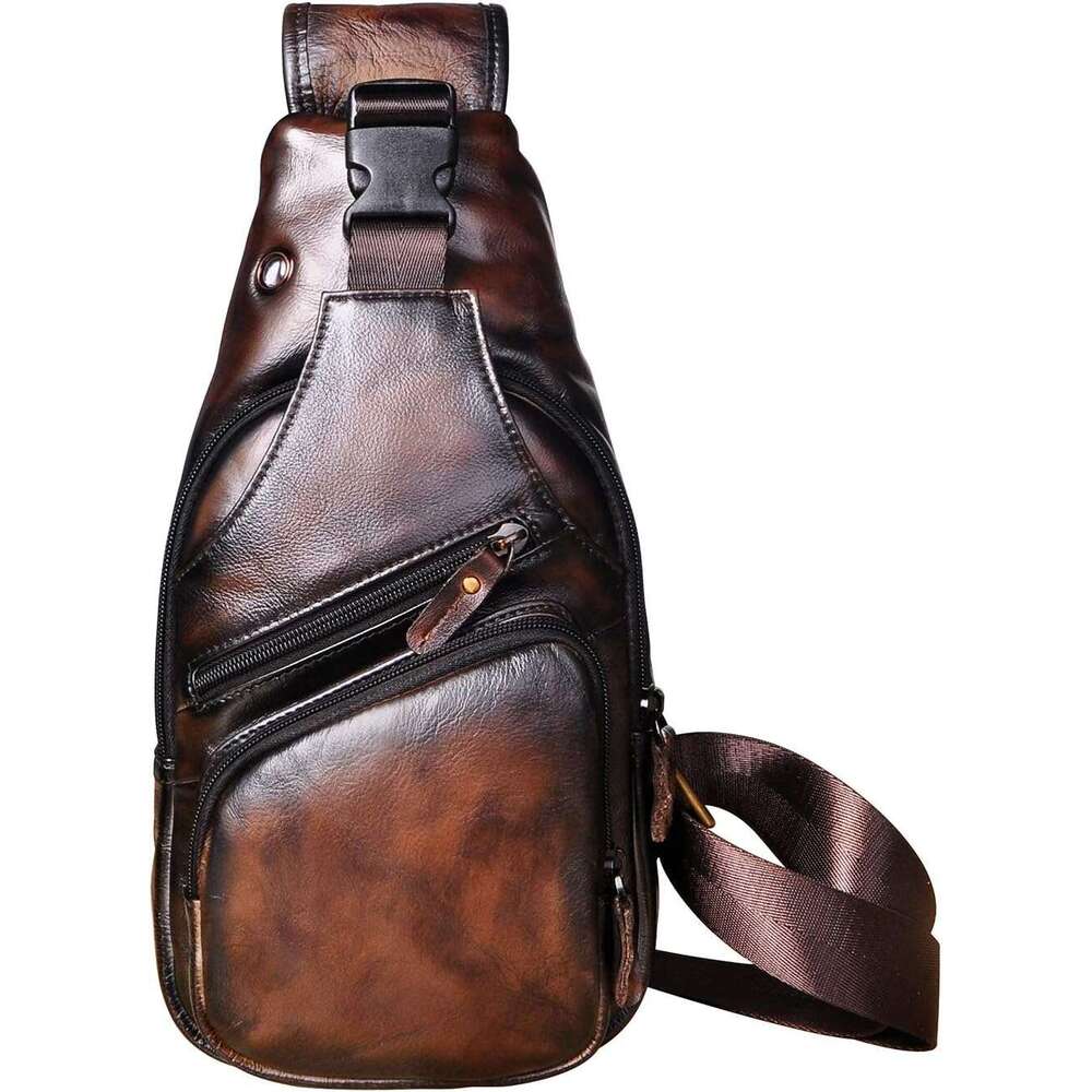 Fashion Casual Tea Travel Hiking Crossbody Chest Sg Rig One Shoulder Strap Bag Men Leather 8015