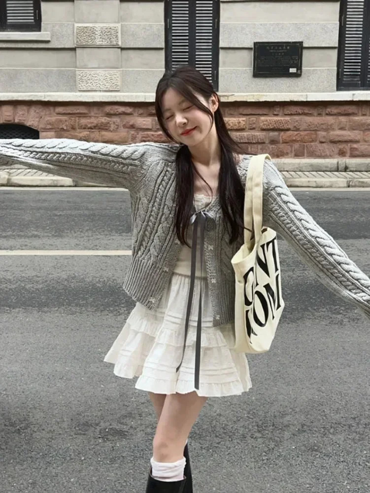 Deep city Korean fashion gray cardigan wool sweater womens sweet Jill bow bandage Coquette knitted sweater sleeveless casual long sleeved top autumn 2