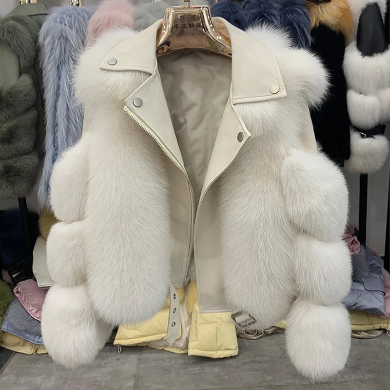 Winter 100% Natural Women's Jacket Real Fox Fur Coats Genuine Sheepskin Leather Coat Long Sleeve Wholeskin Female Parkas