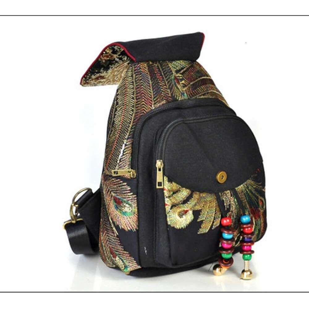 Vintage Canvas Boho Backpack For Women - With Phoenix Sequin Embroidery (Blue)