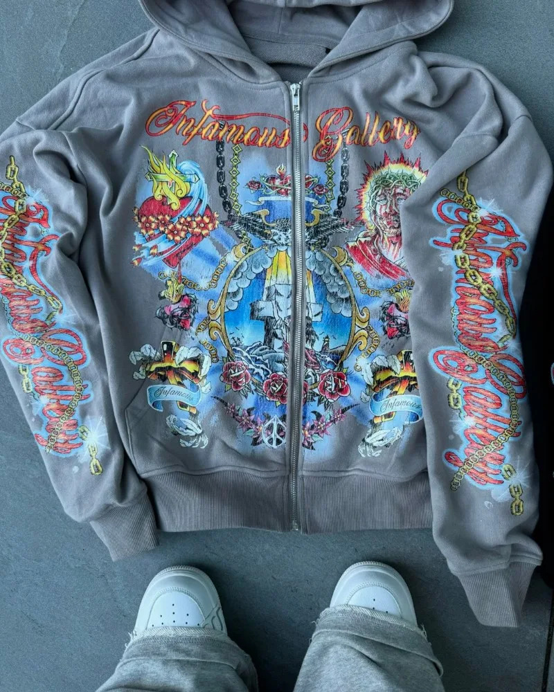 Harajuku Street Fashion Trend Cartoon Printed Zipper Hoodie for Women Y2k Hip Hop Rock Casual Edition Super Large Sports Shirt Men 241007