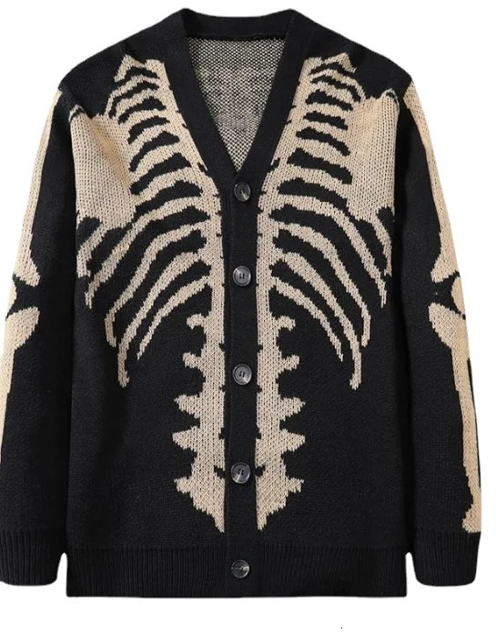 Hip hop sweater mens cardigan wool sweater Y2K skeleton jacquard ultra-fine knitted cardigan wool sweater autumn and winter casual loose jumper neutra