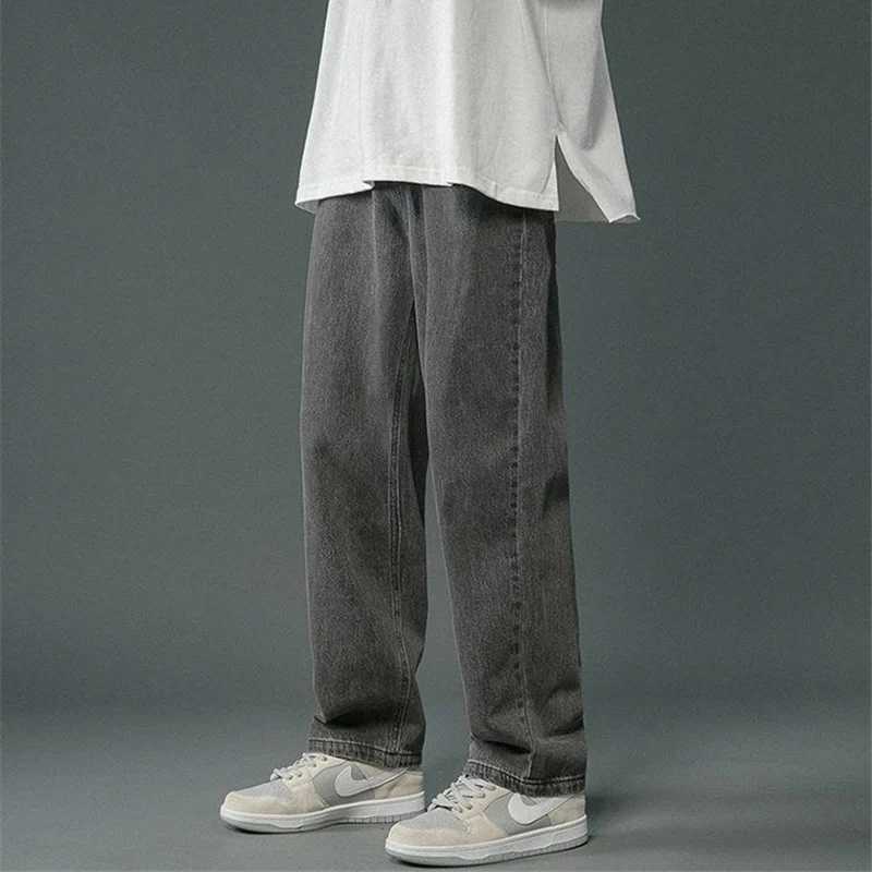 Korean Mens Casual Hip Hop Long Baggy Jeans Classic Man Straight Wide Leg Denim Pants Light Blue Grey Black Streetwear TrousersX241009