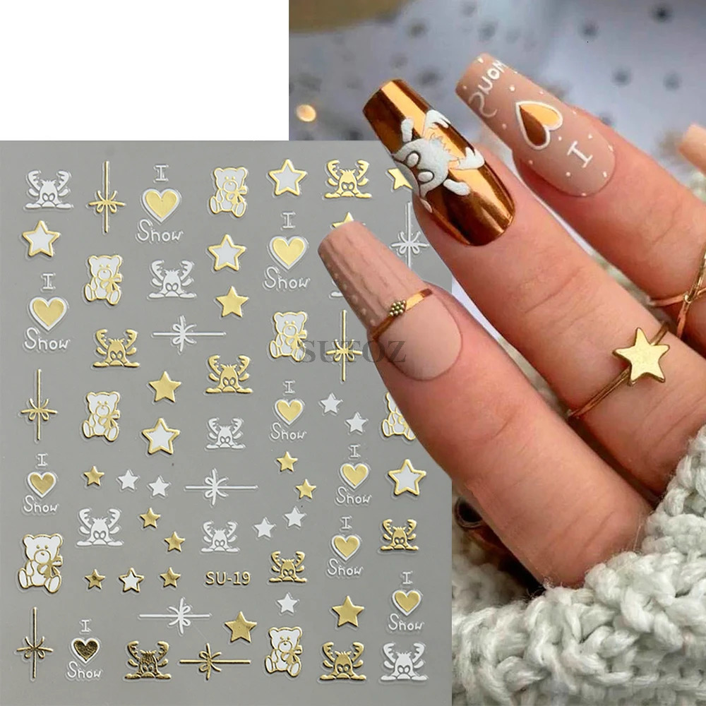 3D Golden Christmas Nail Stickers Metal Silver Deer Bear Snowflake Star Nail Stickers Year Decoration 2024 Slide LEBSU-19 241008