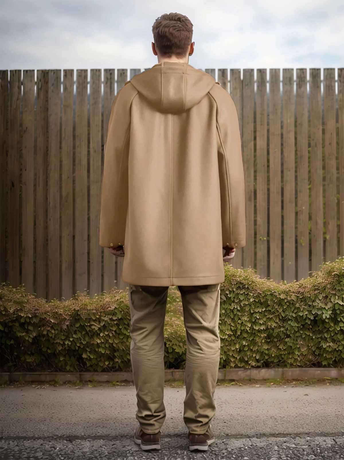 Mens autumn and winter coat mid-length hooded raglan sleeve woolen coat solid color single-breasted large pocket mens coat LX241010