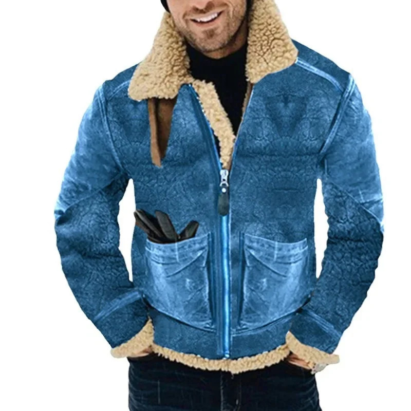 leather and fur integrated mens jacket autumn and winter thick printed jacket suede warm cashmere 240930