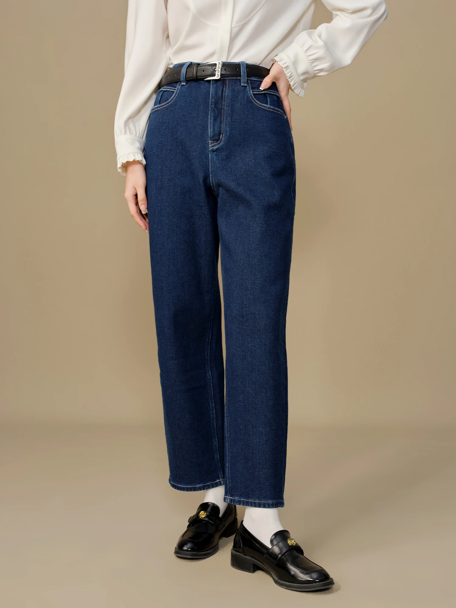DUSHU womens winter jeans dark denim blue cut straight thick pants cotton elastic light wool 24DS84169 240930