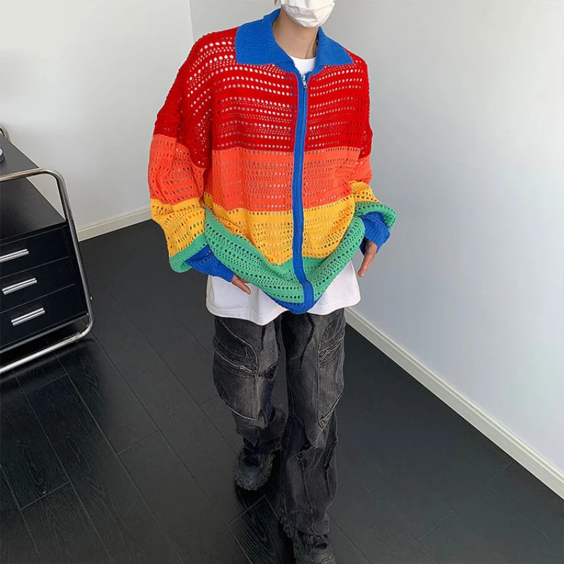 Rainbow cardigan mens loose lapel board stripe Y2K young vitality fashion senior daily knitting fashionable retro 241007