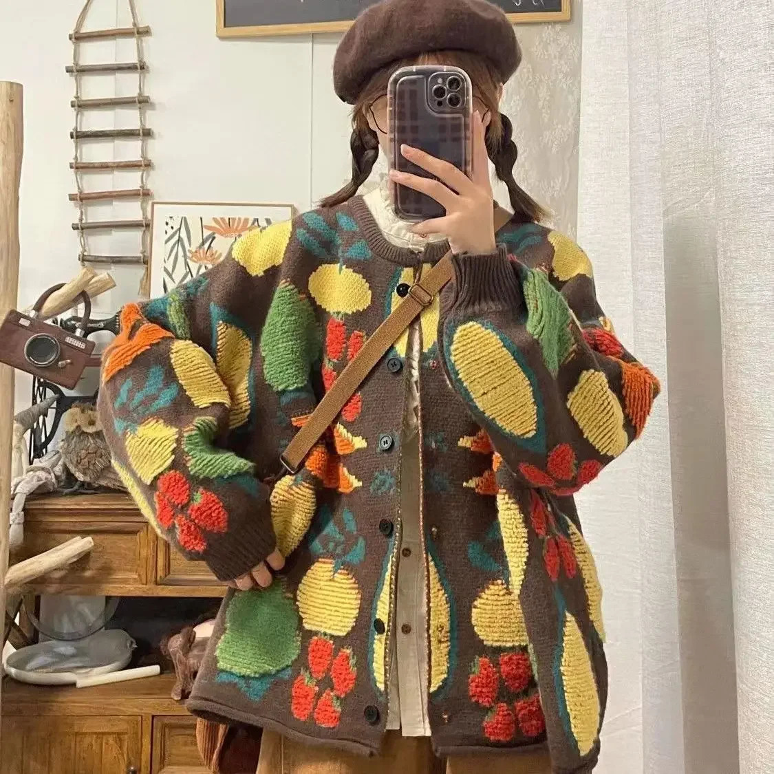 Heavy industrial jacquard sweater womens clothing spring and summer style lazy retro loose casual knitted cardigan top 241007