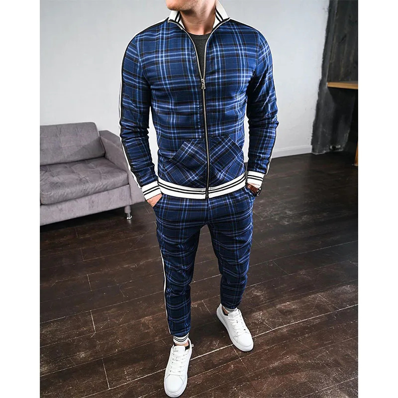 Mens Tracksuits Color Checkered Casual Zipper Hoodie Set 3D Printing Set Autumn Mens Sportswear Set 240925