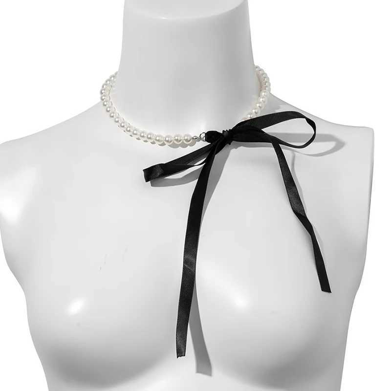 Trend Wedding Party Jewelry Long Black Ribbon Choker Necklace For Women Elegant White Imitation Pearl Beach Vacation NecklacesX241009