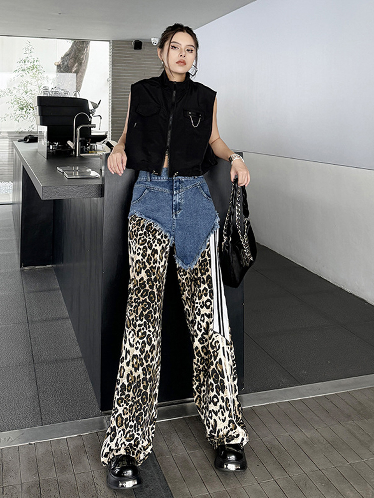 NYFS 2024 Summer New European American Street Woman Trendy Jeans Loose Plus Size Elastic Waist Denim Leopard Patchwork Trousers
