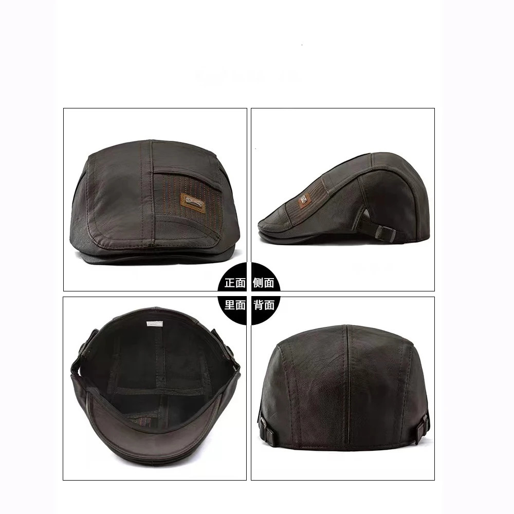 Fashion n mens beret autumn high-quality Pu leather casual hat mens classic Velvert front cover Gents spring 241007