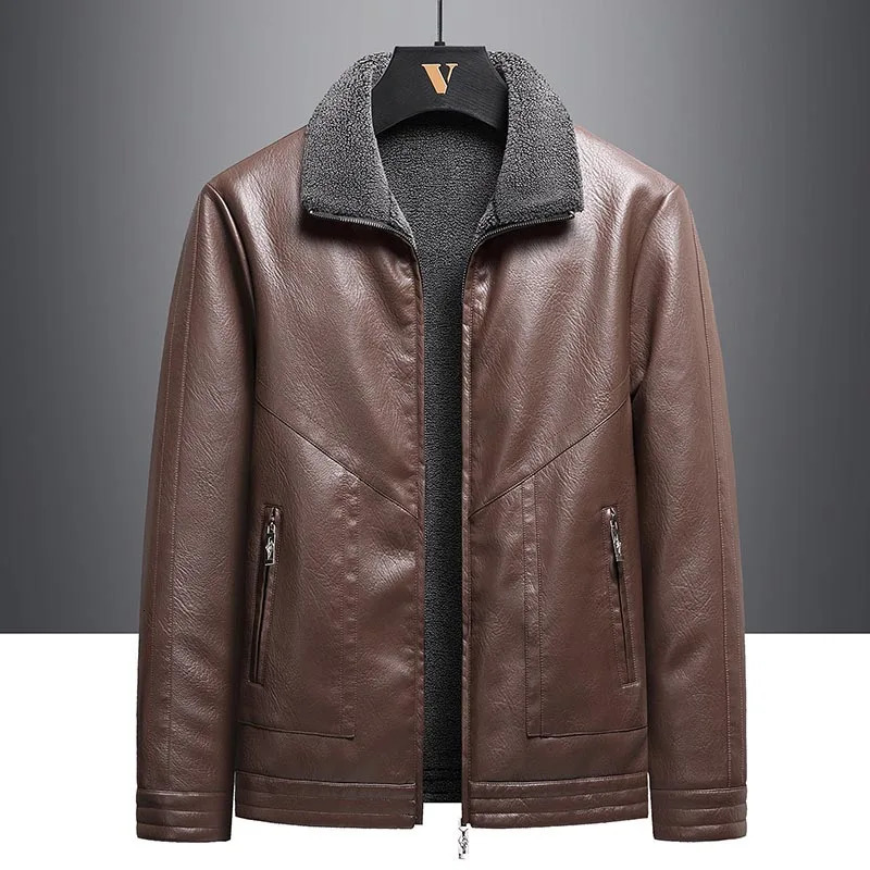 Artificial leather bicycle jacket mens artificial fur trim cashmere blend sleeves and wide waist 240927