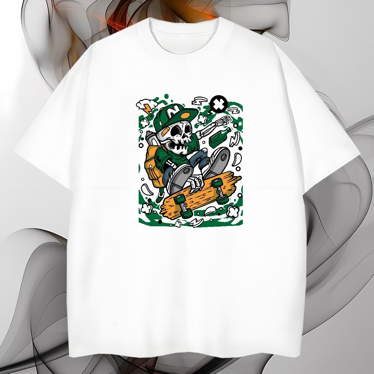 Loose T Shirt For Man 230g Pure Cotton skull Summer Casual White Plus Size Breathable Men Tops Tees 2024 Summer Clothes