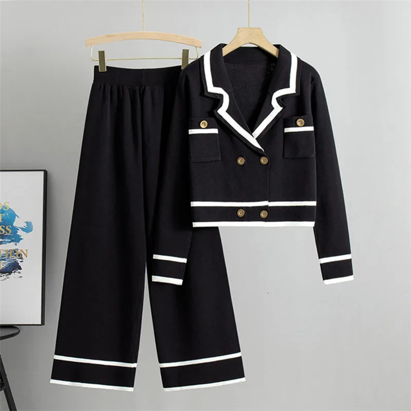 Korean Knitted Sweater Short Top Set High Waist Wide Leg Pants Casual and Fashionable Spring Conjunto Soft 2piece 241008