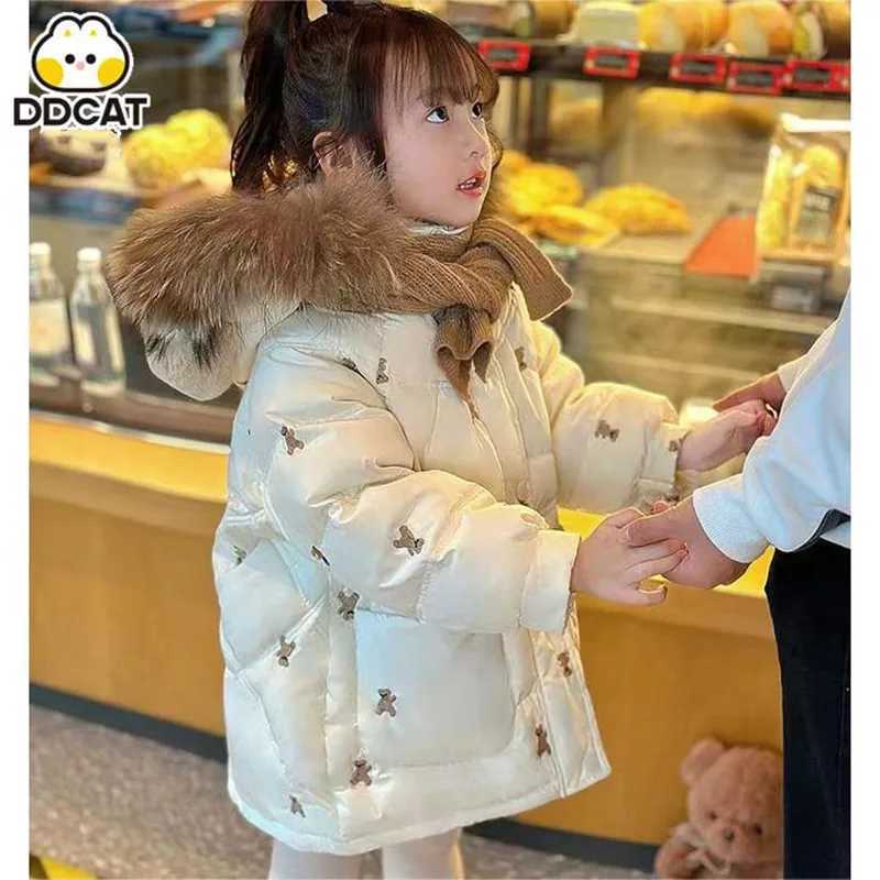 Down Coat Girl embroidery cotton jacket medium long 2023 new baby clothing winter big fur collar thickened childrens winter top H241010