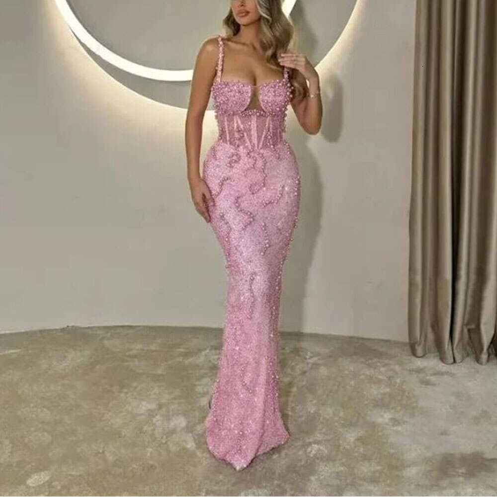 Pink Mermaid Prom Dress Plus Size Pearls Spaghetti Strap Evening Formal Party Gowns Bespoke Black Girsl Trumpt Dresses