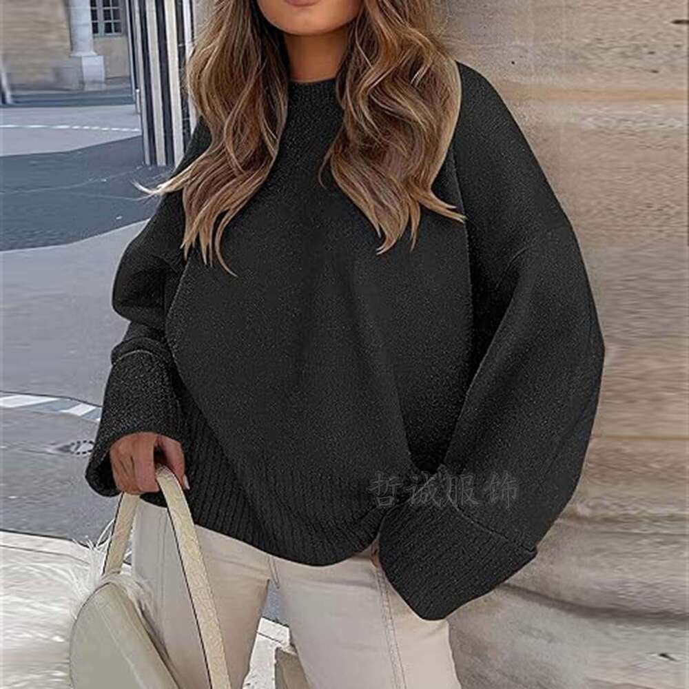 Womens clothing 2024 autumn and winter new loose fitting pullover knitted fashionable bat sleeve round neck sweater for women