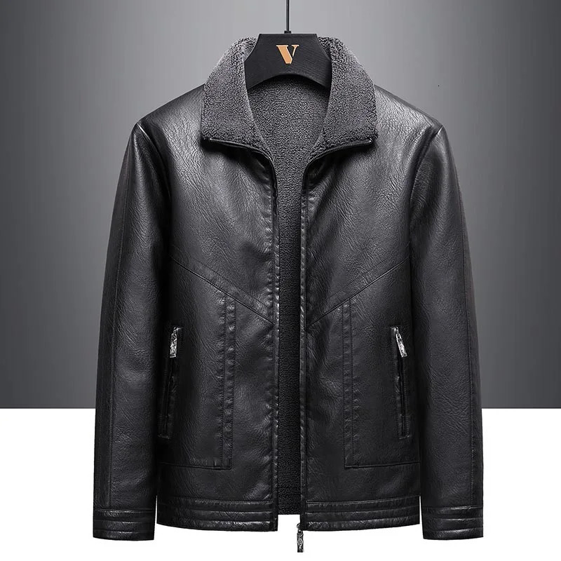 Artificial leather bicycle jacket mens artificial fur trim cashmere blend sleeves and wide waist 240927