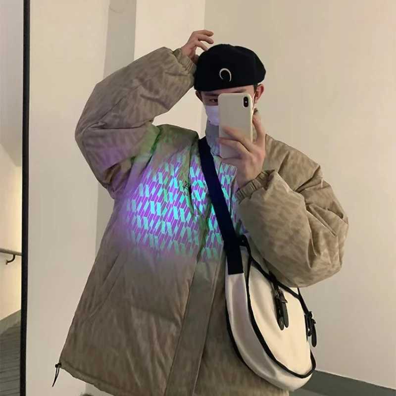 Men's Down Parkas American standing collar reflective design cotton suit mens fashion tool cotton jacket hip-hop high neck winter jacket Y2410097