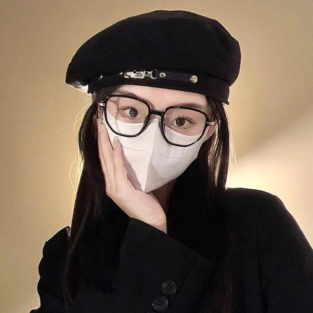 Metal buckle beret British retro casual womens metal leather buckle autumn winter octagonal beret painted hat autumn hat 241007
