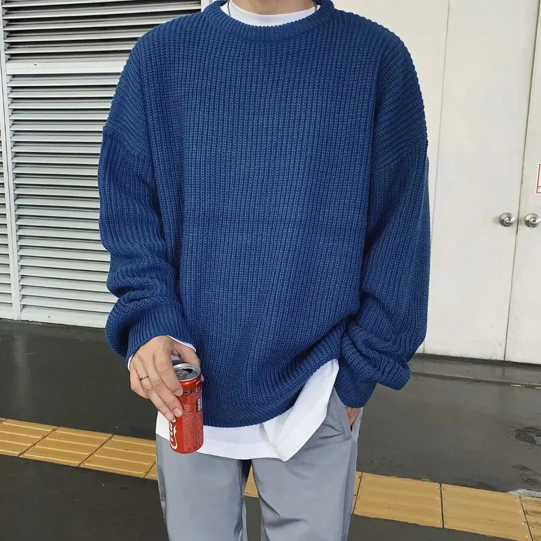 Mens Round Neck Sweater 2023 AutumnWinter Knit Loose and Thickened Korean Pullover Men Clothes 240930