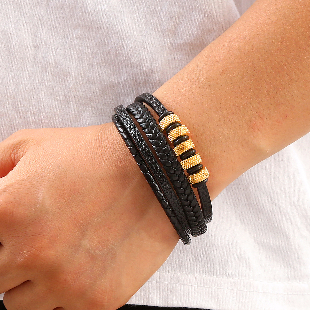18k Gold Stainless Steel Chain Leather Bracelets Wristband Designer Jewelry Charm Multilayer Wrap Magnetic Buckle Stack Bracelet Bangle Cuff for Man F