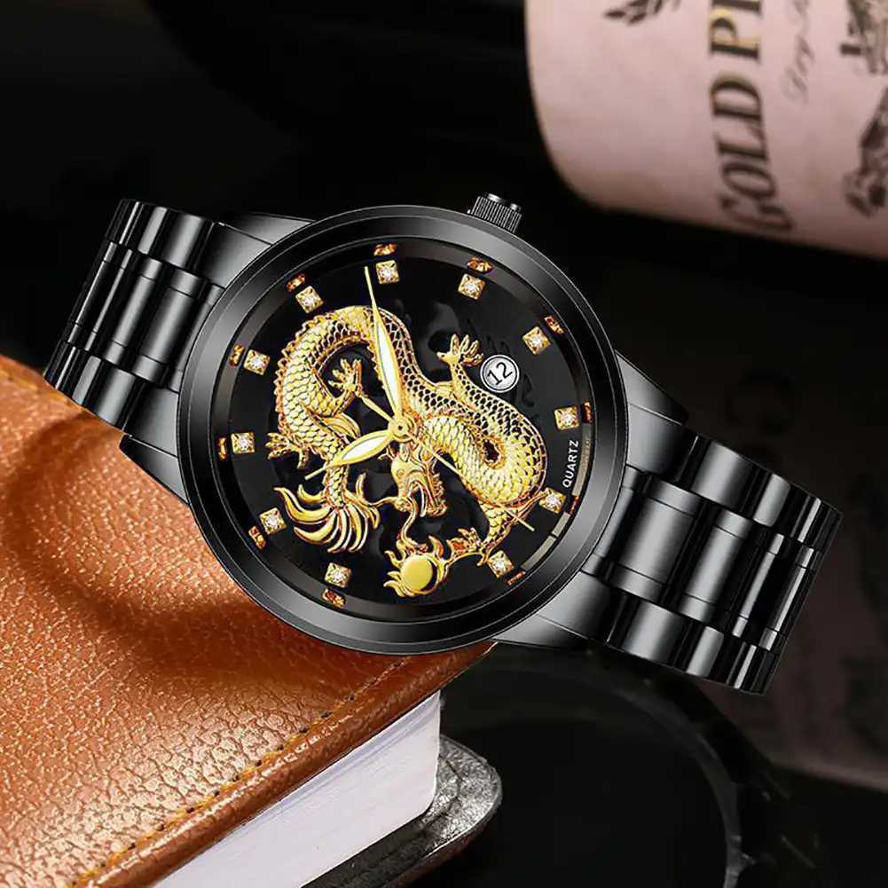Luxury Delicate Trendy Men Fashion 3D Gold Dragon Calendar Watch Set Men Quartz Stainless Steel WatchesX241010