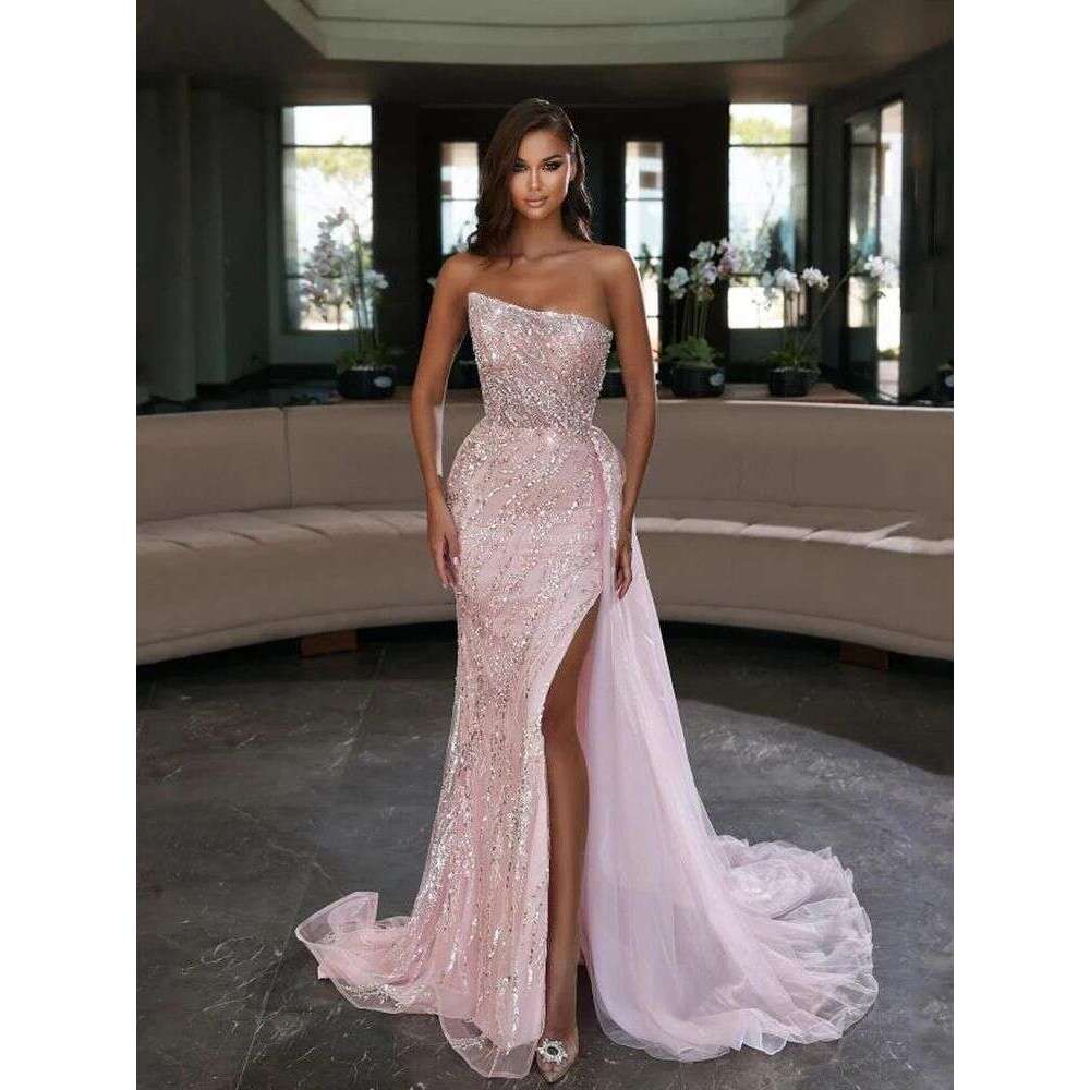 Sparkly Long Mermaid Prom Dresses with Slit Elegant Pink Strapless Tulle Sequins Evening Maxi Gowns For Women Party