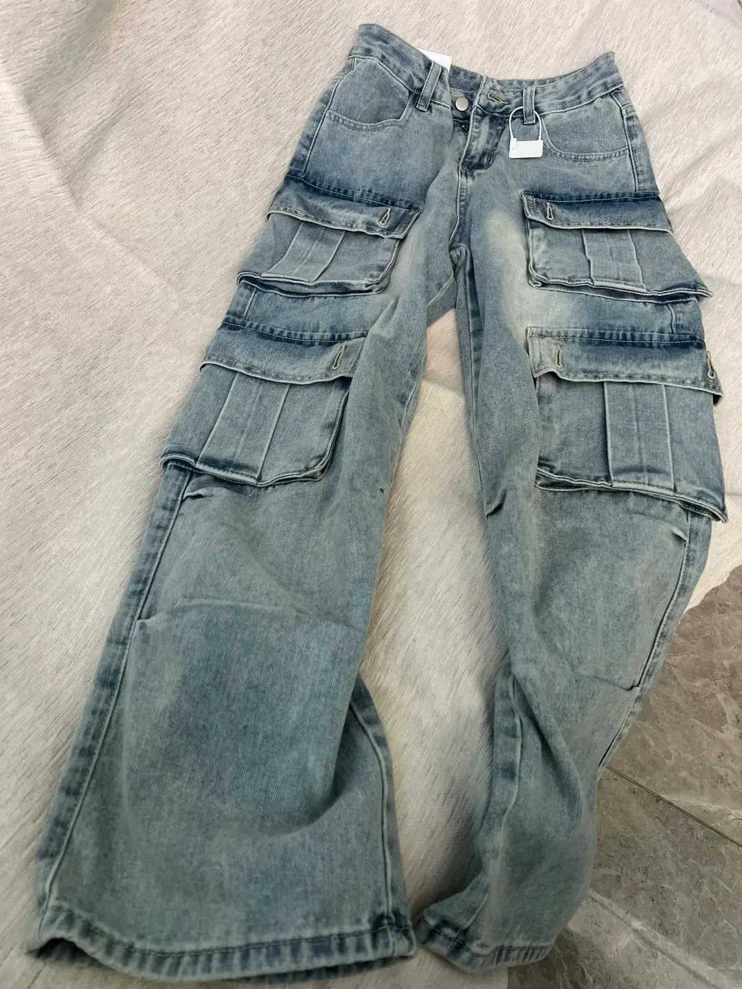 American style trendy retro multi pocket denim workwear pants men and women summer new popular washed wide leg casual pants y2kX241009