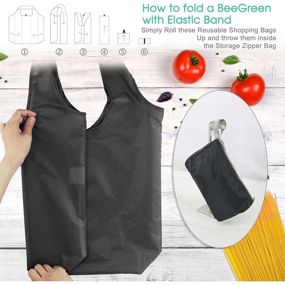 BeeGreen 10 Pack Black Storage Pouch Reusable Shopping Bulk with Elastic Band 50LBS X-Large-Foldable-Washable-Heavy Duty-Waterproof Grocery Tote Bags