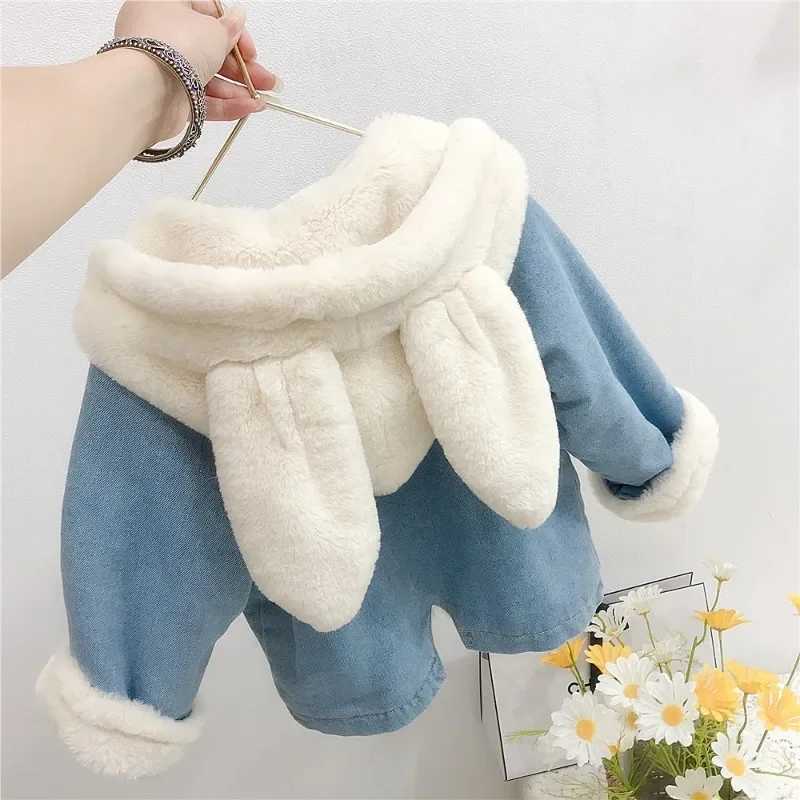 Down Coat Girls boys childrens denim jackets warm fur baby bunny earmuffs velvet coats winter clothing H241010