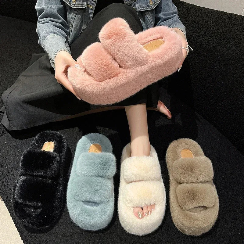 Womens Fur Womens Fur Fluffy Plush Slide House Soft Fuzzy Platform Indoor Leisure Winter Home Warm High Heels Womens Shoes 241007