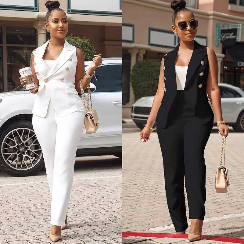 Business OL workwear womens two-piece pants set elegant sleeveless jacket top+pencil pants office womens matching set W241009
