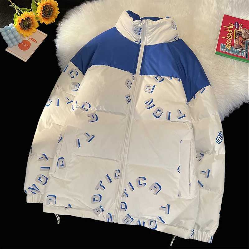 Men's Down Parkas Winter Thicken Cotton Jacket Travel Bubble Coat Harajuku Fashion Oversize Waterproof Ski Coat Contrast Zippered Puffer Jacket Y