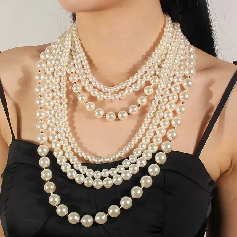 Dvacaman White Faux Pearl Beaded Necklace - Luxury Multi-Layered Simulated Pearl Necklace for Women Statement JewelryX241009