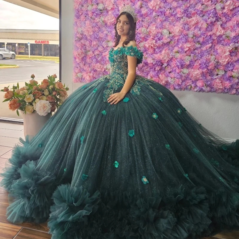 Luxury Blackish Green Quinceanera Dresses 3D Flowers Applique Beads Tull Tiered Princess Ball Gown Sweet 16 Vestidos 15 De XV Anos