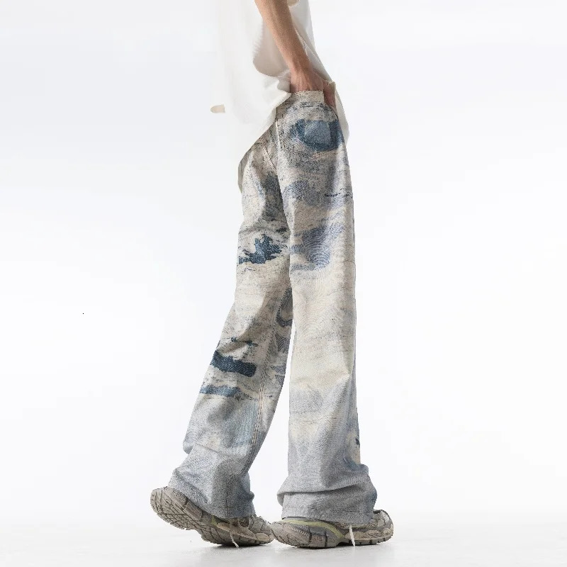 High end personalized 3D printed thick canvas denim pants Korean version hip-hop fashion motorcycle rider loose jeans 241007