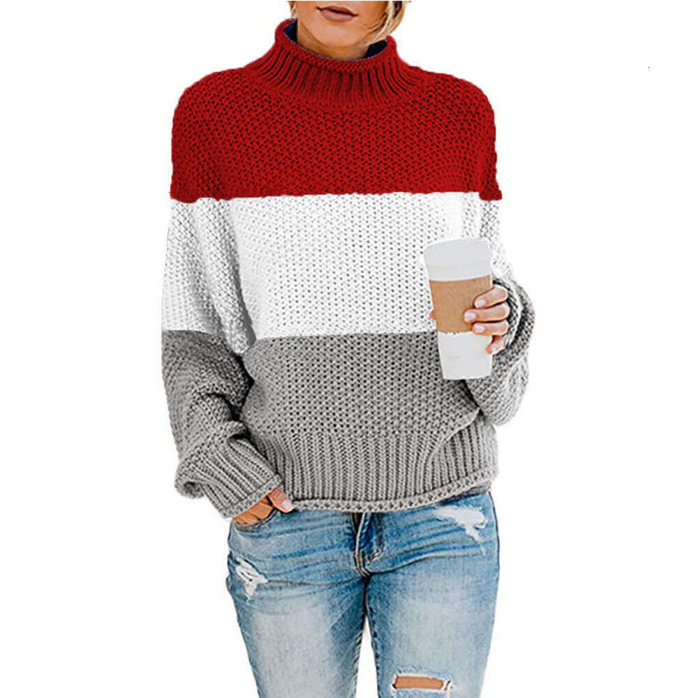 2024 autumn and winter new knitted sweater womens thick thread color blocked high neck pullover