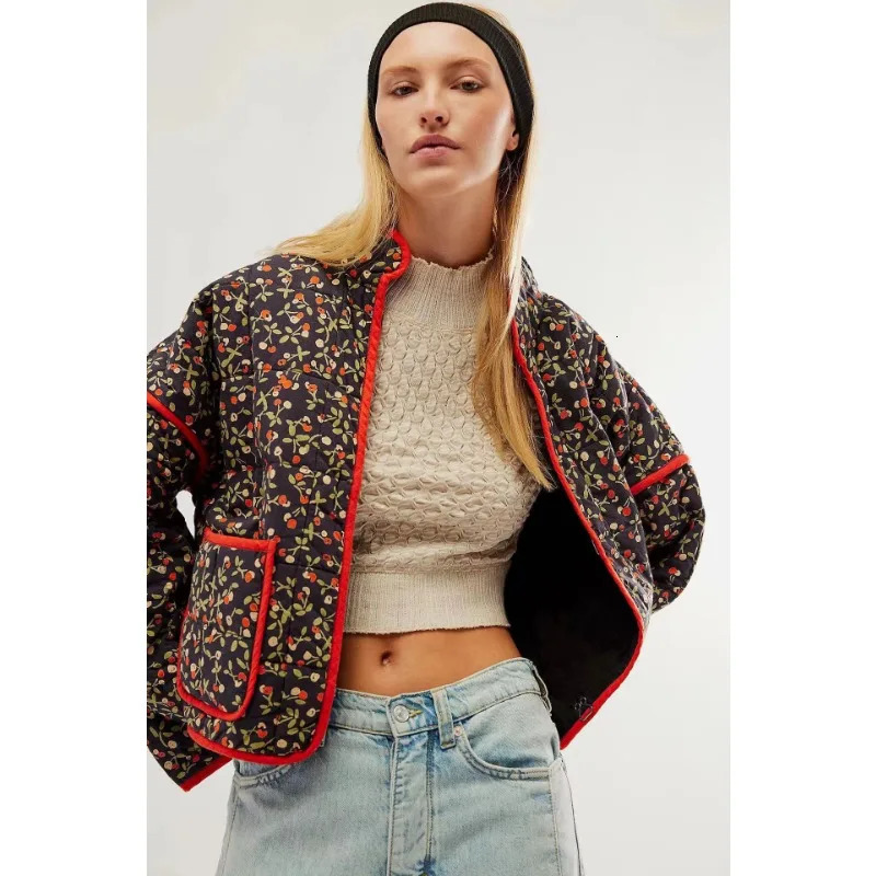 Chic Vintage Floral Print Cotton Coat Autumn Winter Women Jacket Long Sleeve Cardigan Pocket Streetwear Short Quilted 240930