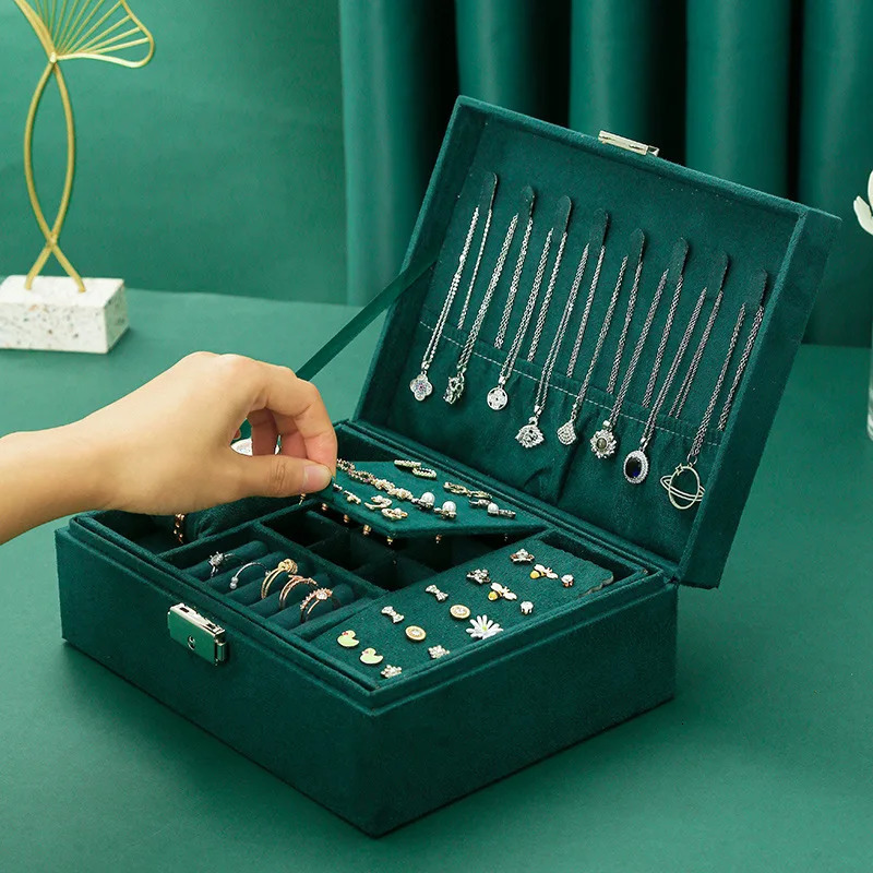 Retro style velvet jewelry box double lock storage box necklace watch earring jewelry box large capacity 240924