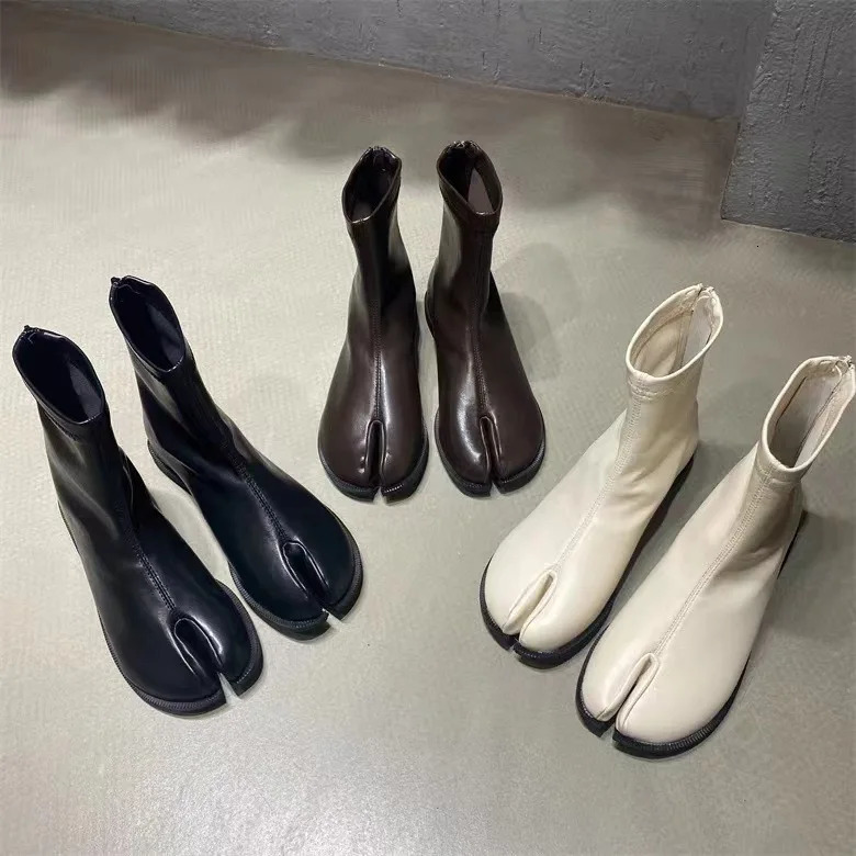 2024 Split Toe Leather Thick Anklet Womens Winter Short Boots Tabi Ninja Botas Mujer 240930